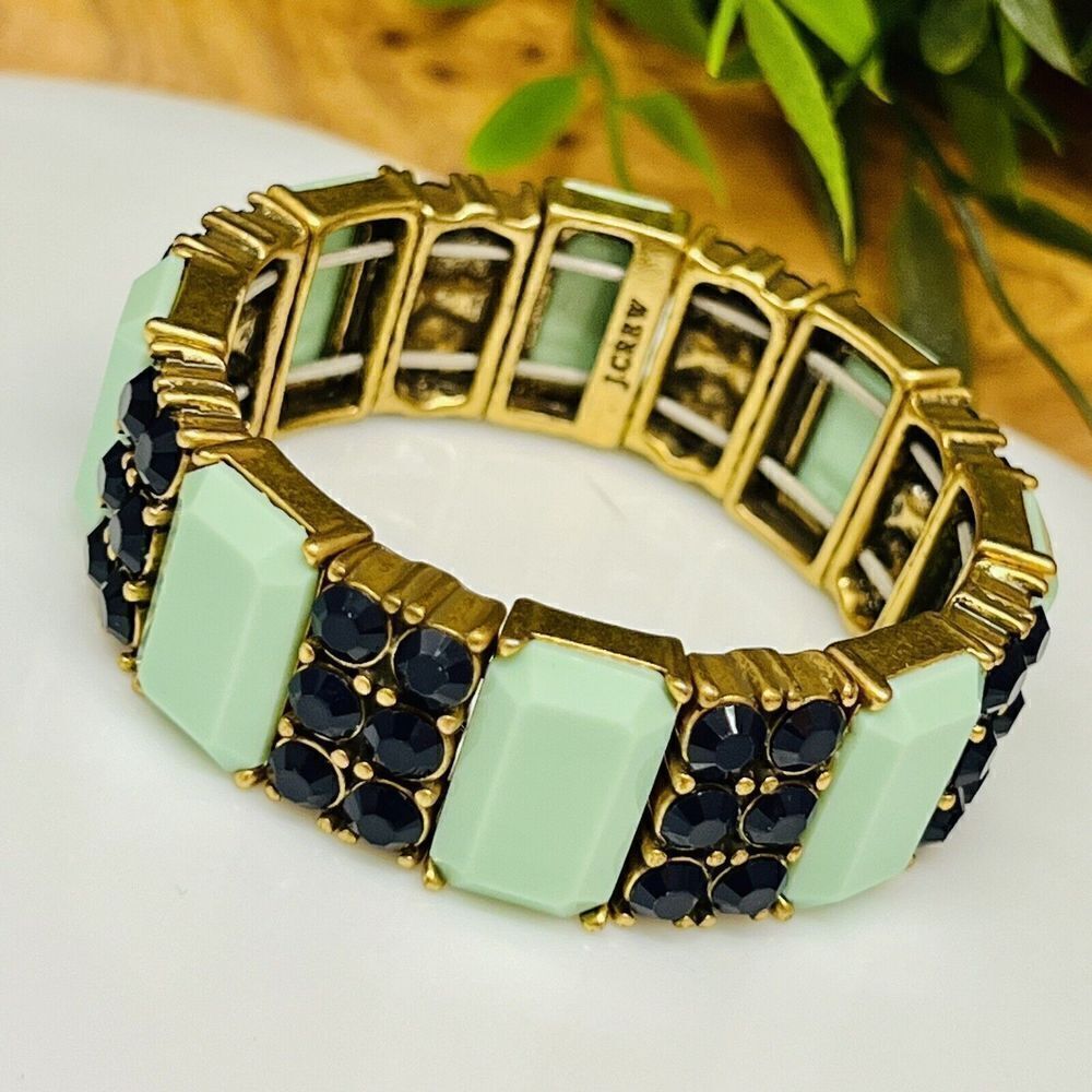 J. Crew Bracelet Comfort Stretch Mint Navy Blue Panel Link Gold Tone J.Crew 1306